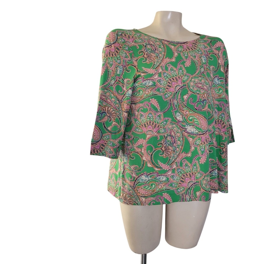 J. Jill Wearever Green Paisley 3/4 Sleeve Top Petite S Viscose Spandex Stretch